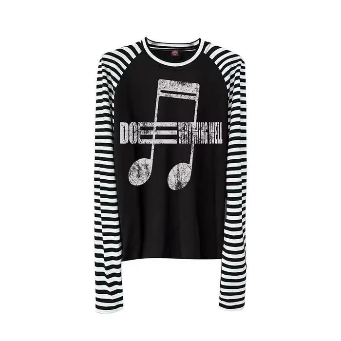 Femmes imprimé motif haut streetwear rétro Américain rétro T-shirt rayé col rond note de musique mot