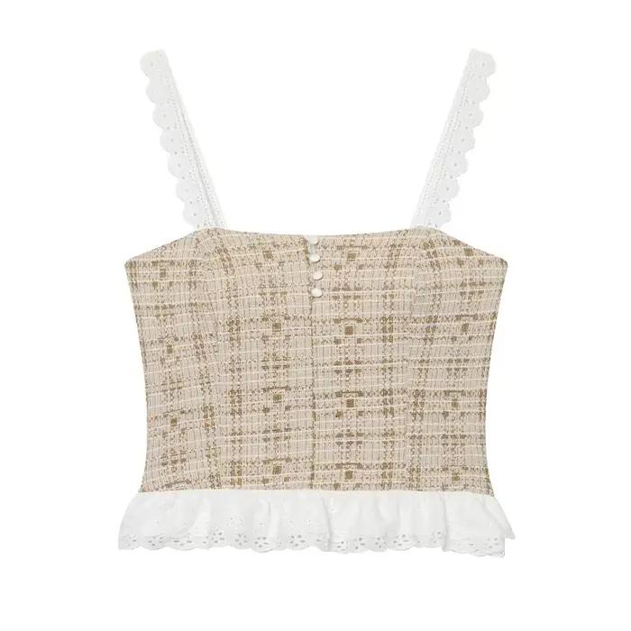 Haut court à volants pour femme, débardeur dos nu texturé, camisole tube, haut de plage à bretelles