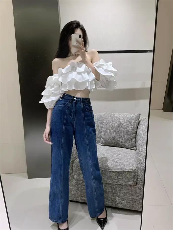 Chemisiers froncés pour femmes, col slash, manches courtes, volants, mode coréenne, filles chaudes,