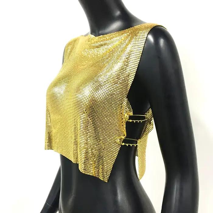 Haut court à col rond pour femme, camisole de boîte de nuit, haut sexy, paillettes métalliques, fibr
