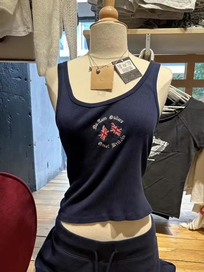 Haut brodé en coton pour femme, haut précieux, col fibrU, style américain, vintage, bleu marine, déc