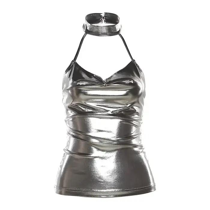 Haut en cuir verni argenté brillant pour femme, licou fin, caraco dos nu en Y, tube féminin, glaçure