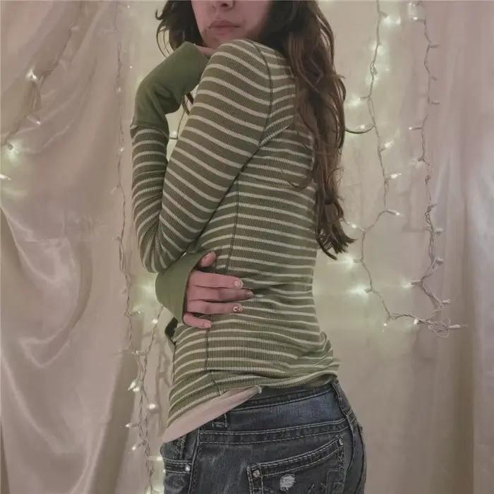 T-shirt à rayures pour femmes, col en V, manches longues, avec poche, y2k, vêtements féeriques Grung