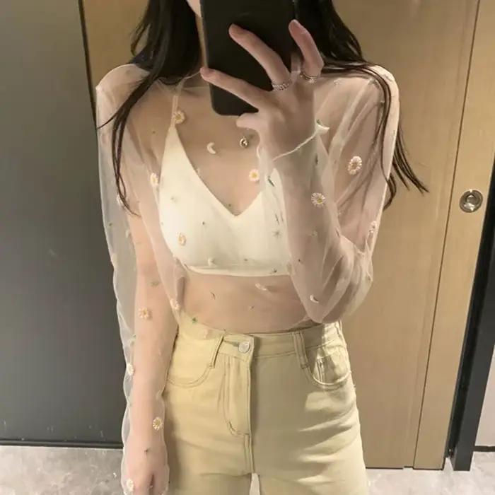 T-shirt manches longues femme, court et transparent, en maille, avec motif floral