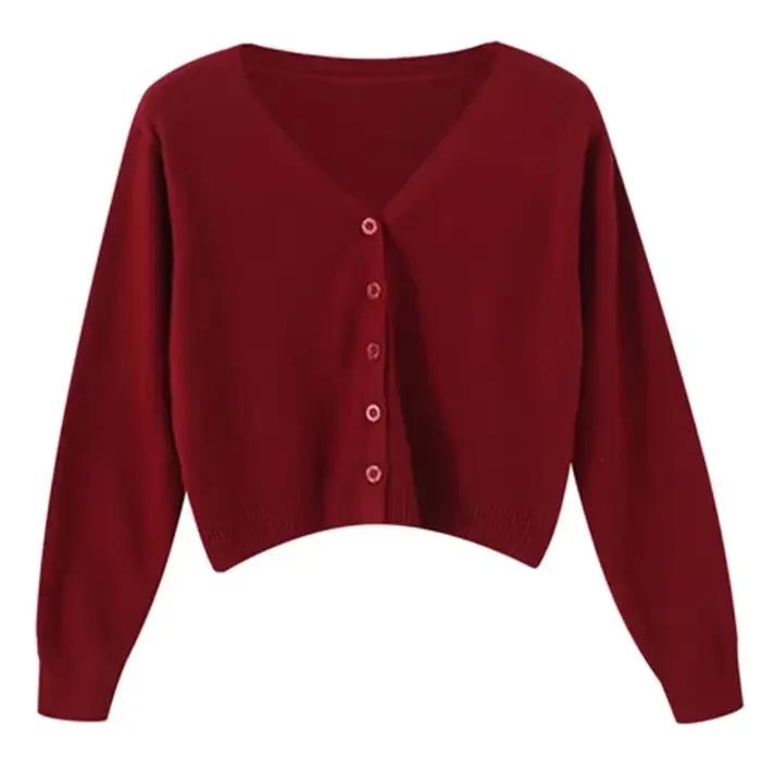 Cardigan court à manches longues pour femme 2026, col en V, boutonné, tricoté, automne-printemps, si
