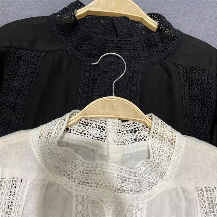 Johnature – chemise en lin pour femme, ample, ajouré, Vintage, couleur unie, printemps automne, 2023