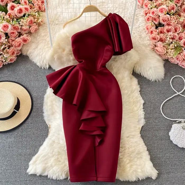 Amolapha-Robe fourreau à une épaule pour femme, tenue de soirée, à volants, couleur unie, extensible