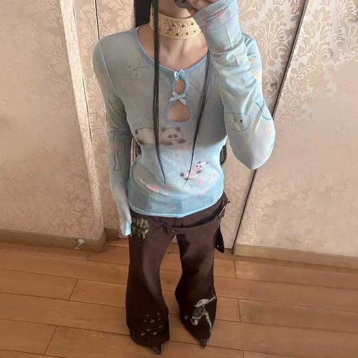Karrram Y2k esthétique Panda imprimé maille hauts japonais Vintage années 2000 transparent hauts Fai