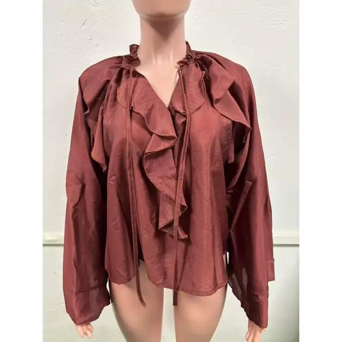 Chemisier ample chic pour femme, rose poudré, à volants, col noué, manches longues à poignets évasés