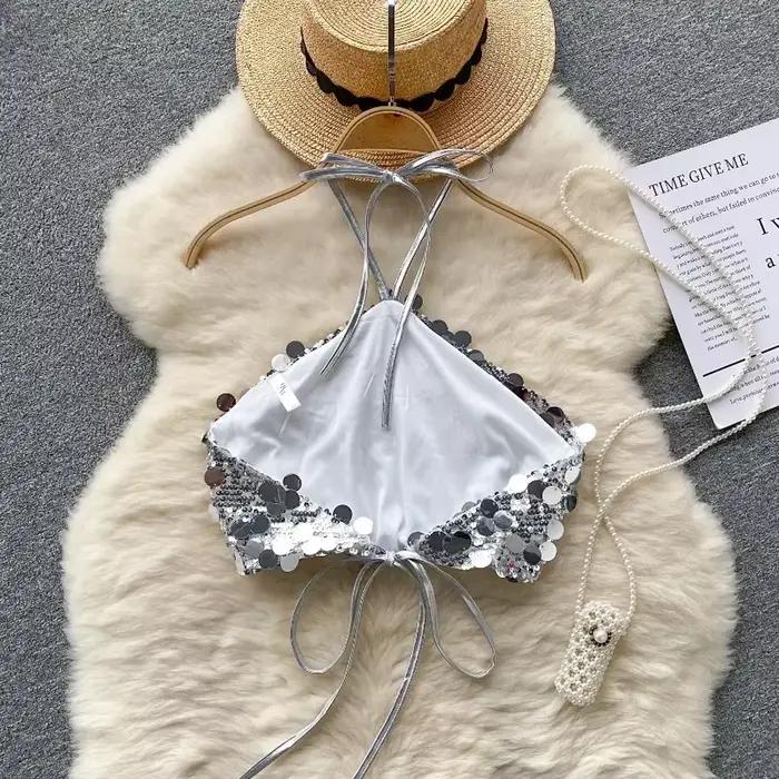 Haut court sans bretelles à licou à paillettes pour femmes, caraco chic, mince, basique, mode sexy,