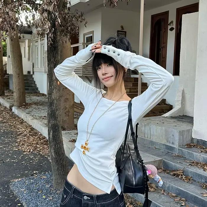 Tonngirls américain rétro imprimé T-shirt femmes à manches longues bouton graphique hauts Y2k hauts
