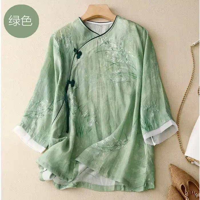 Chemise décontractée à imprimé floral de style chinois pour femmes, chemises en Y pour femmes, col r