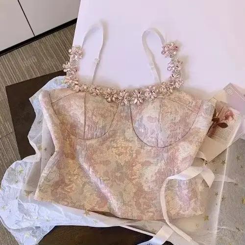 Corset court en Y pour femme, haut brillant avec paillettes, caraco à bretelles, soutien-gorge intég
