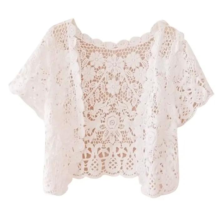 M2EA-Cardigan en dentelle à manches courtes pour femmes, ouvert sur le devant, crochet floral, trans