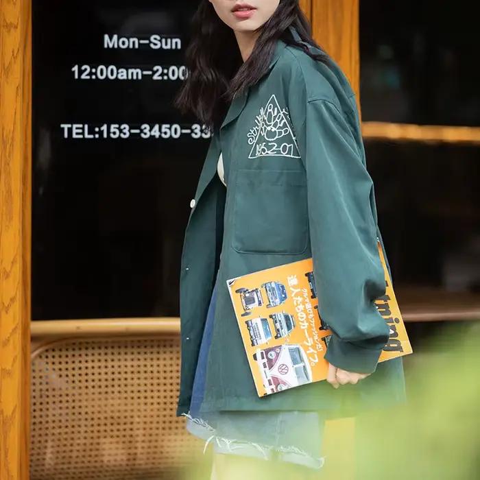 Maden-Chemise de bowling vert foncé vintage pour femme, peau de pêche, broderie en velours, chemisie