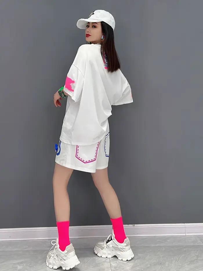 T-shirt imprimé à manches courtes et col rond pour femmes, short en biscuits trempé, décontracté, sp