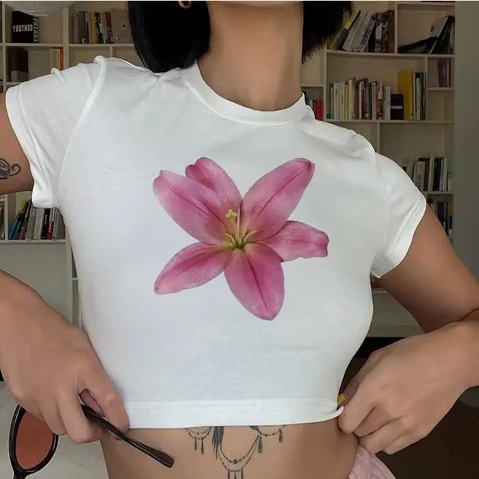 T-shirt court imprimé basique pour femmes, vêtements d'été minces, haut graphique pour dames, vêteme