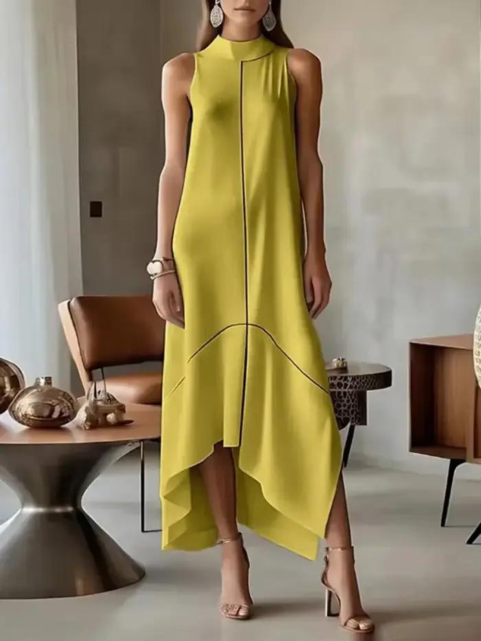 UOOZEE 2025 nouveau bureau urbain femme formel col haut Maxi robes sans manches asymétrique élégant