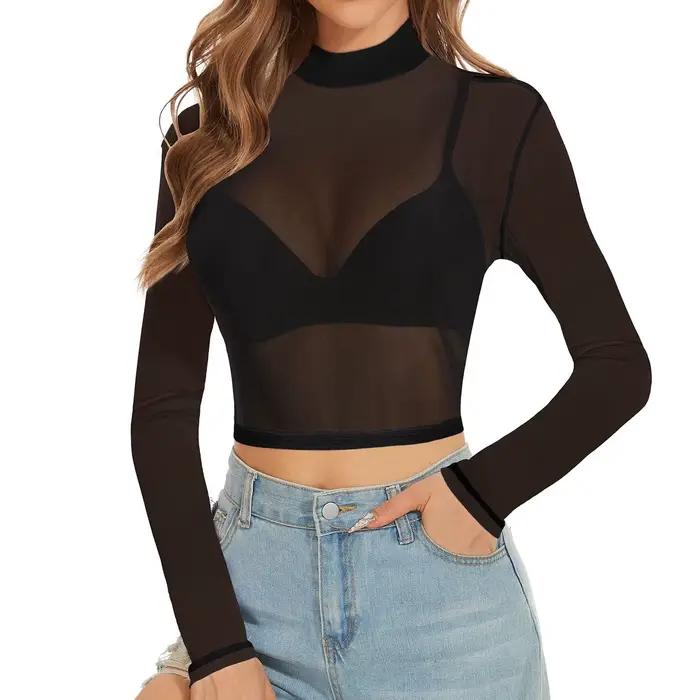 Grande taille S-5XL Sexy femmes T-Shirt voir à travers des hauts en maille transparente à manches lo