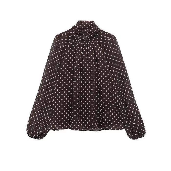 Chemisier Femme Imprimé Pois Nouvelle Collection Printemps 2026 – Blouse Élégante à Nœud Papillon et Volants Manches Longues Coupe Ample 