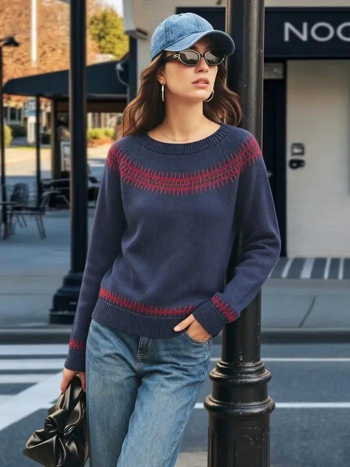 Pull en tricot à motif géométrique bleu marine et rouge pour femme