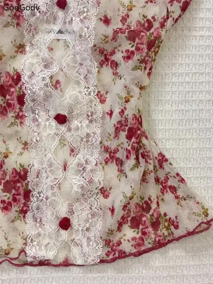Blouse féerique printemps-été en dentelle florale pour femmes junior style Y2K occassions spéciales tenues élégantes