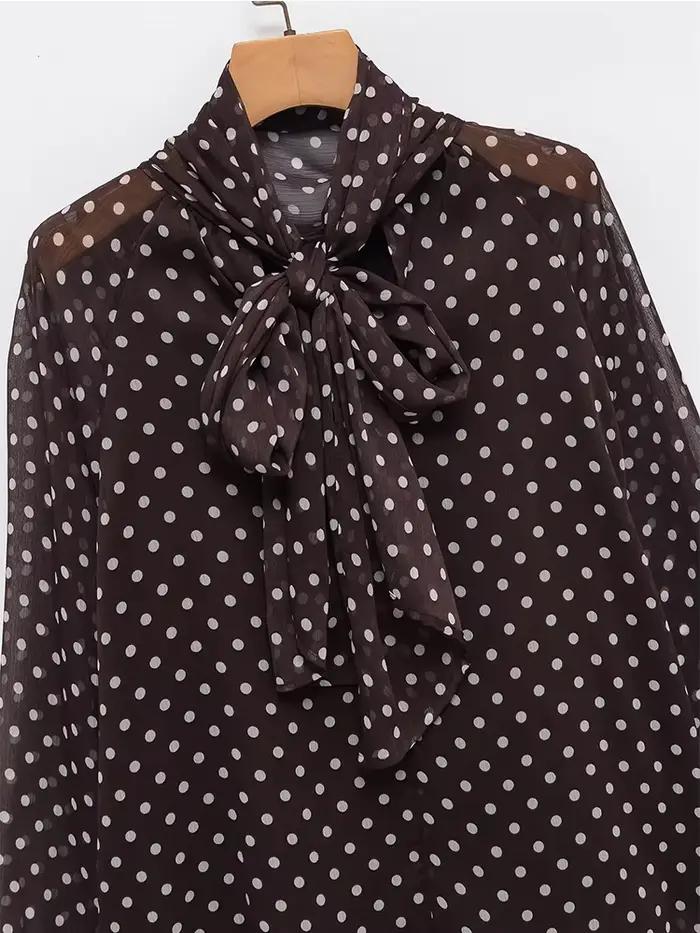 Chemisier Femme Imprimé Pois Nouvelle Collection Printemps 2026 – Blouse Élégante à Nœud Papillon et Volants Manches Longues Coupe Ample 