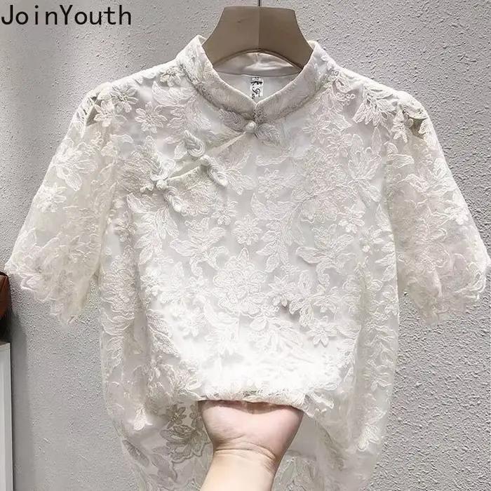 Mousseline De soie dentelle Blouse femmes à manches courtes col montant chemises Vintage 2025 Blusas Mujer De Moda coréen été Blouses hauts Femme