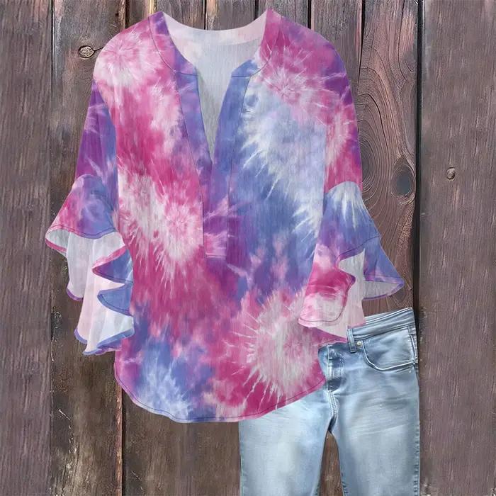 Chemisier Teint par Nouage pour Femme Style Boho Chic Floral avec Manches à Volants et Col en V Occasions Spéciales et Usage Quotidien