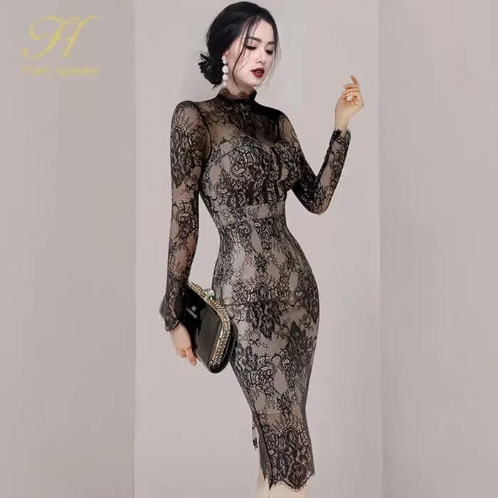 H Han Queen automne nouveau voir à travers dentelle robes mode coréenne Crochet fleurs robe crayon élégant Simple fête