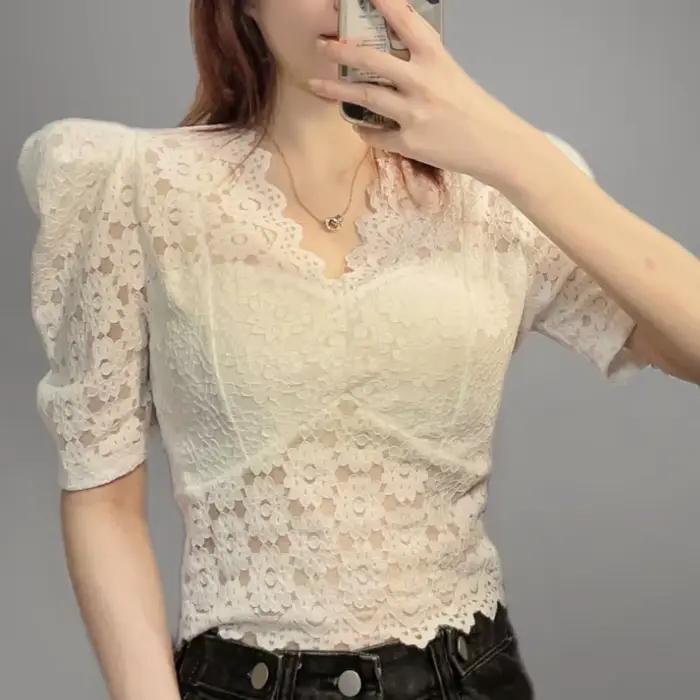 Chemisiers en dentelle pour femmes style coréen élégant col en V couleurs variées tailles S M L XL XXL occassions été loisirs soirée