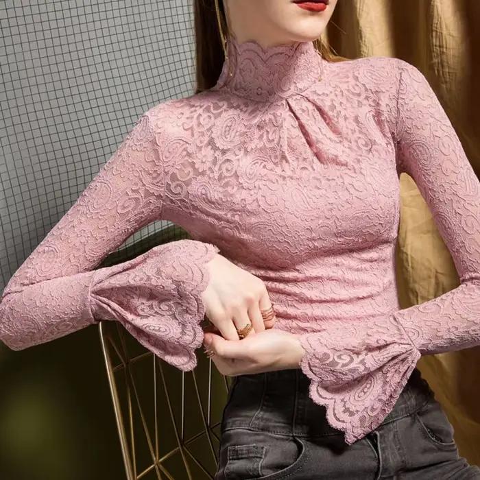 Chemisier femmes automne dentelle chemise commissionnée col roulé manches cloche