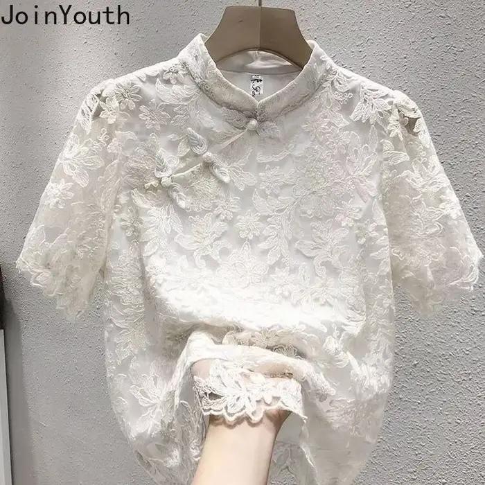 Mousseline De soie dentelle Blouse femmes à manches courtes col montant chemises Vintage 2025 Blusas Mujer De Moda coréen été Blouses hauts Femme