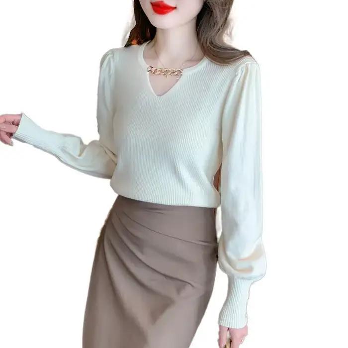 Haut en tricot à manches bouffantes pour femmes