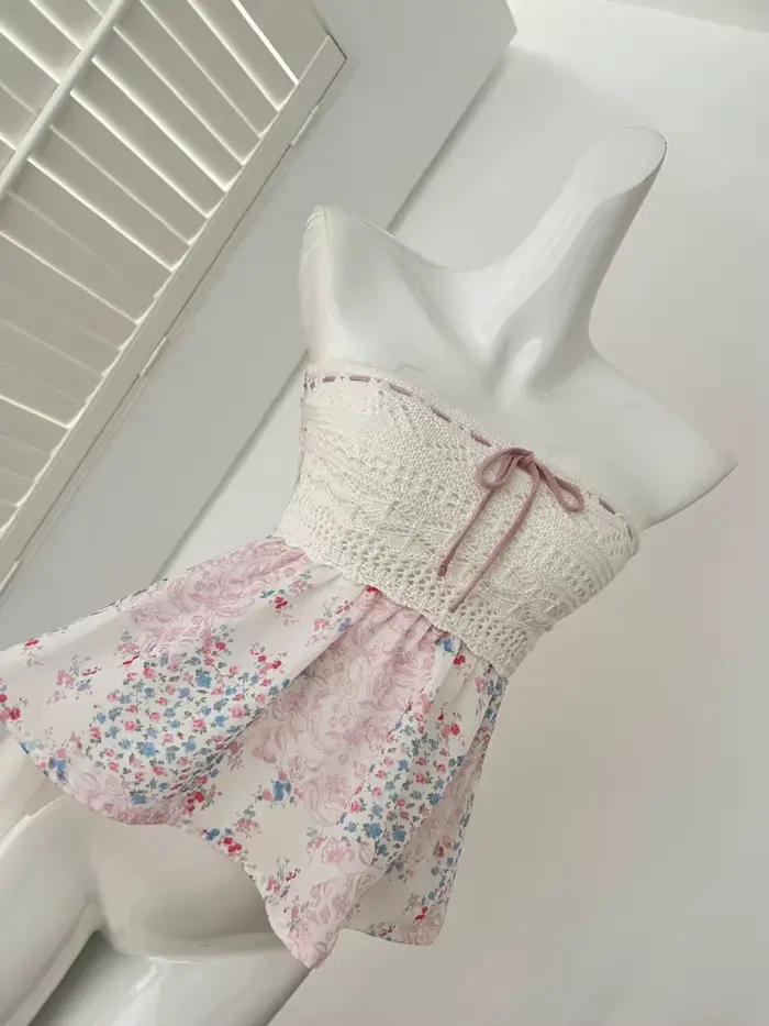 Été nouveau Sexy épice français élégant haut pour femme dentelle Patchwork licou gilet jupe florale conception évidé hauts sans bretelles