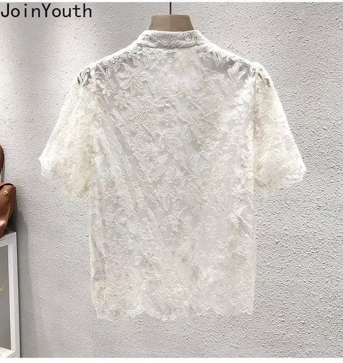 Mousseline De soie dentelle Blouse femmes à manches courtes col montant chemises Vintage 2025 Blusas Mujer De Moda coréen été Blouses hauts Femme