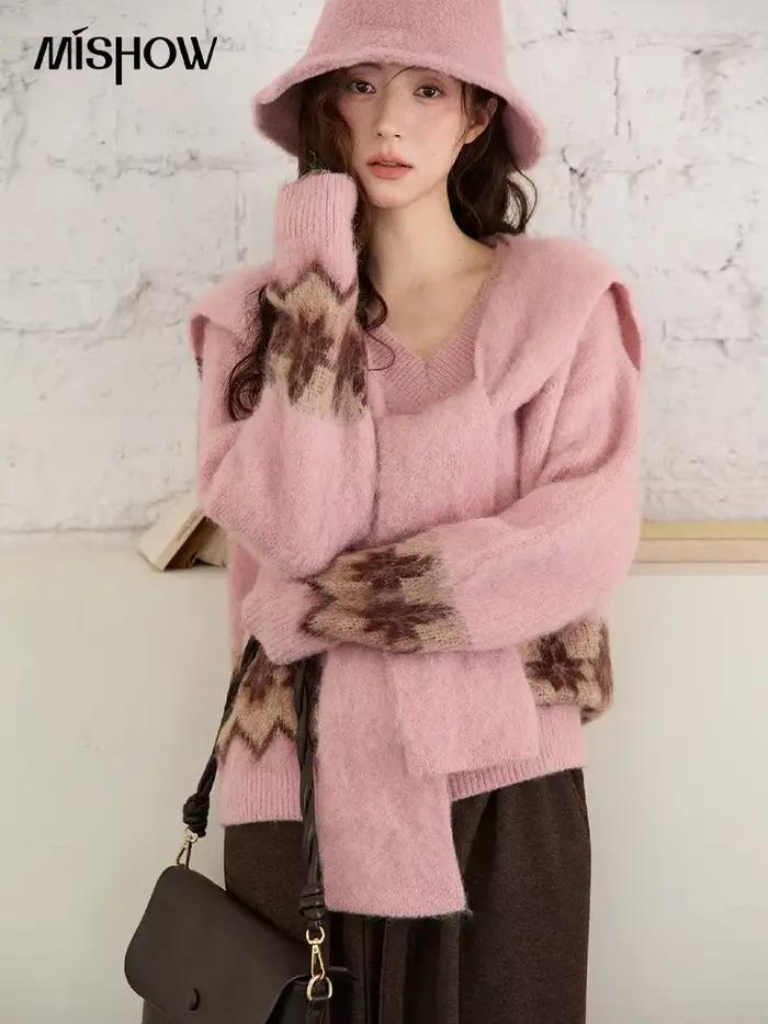 MISHOW Jacquard pulls pour femmes 2025 hiver mode rétro motif géométrique col en v tricoté pull avec châle MXE86Z2654