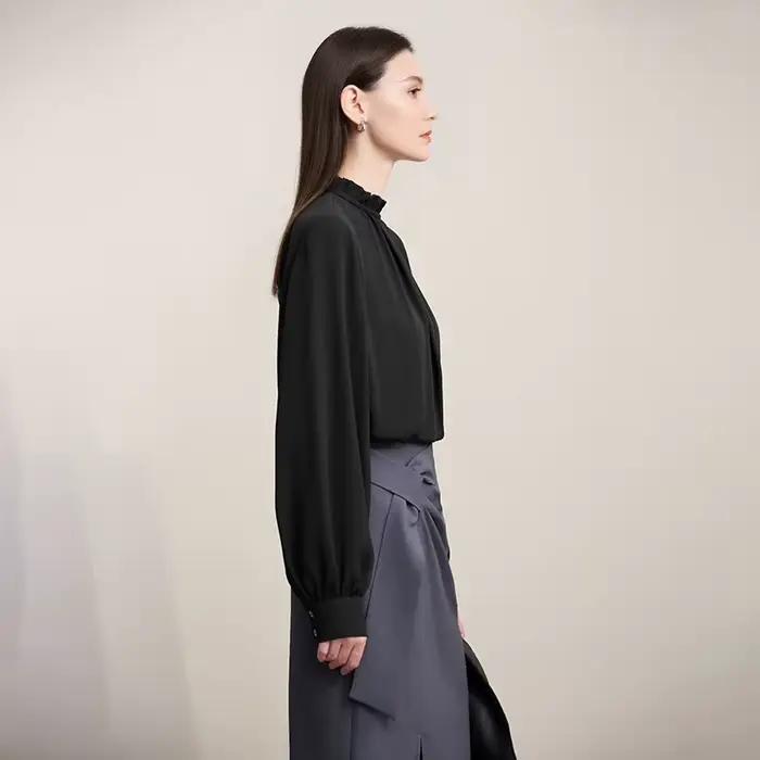 Chemisier Amii Polyester Elégant Plissé Fin à Manches Longues pour Occasions Professionnelles Automne Printemps Femmes