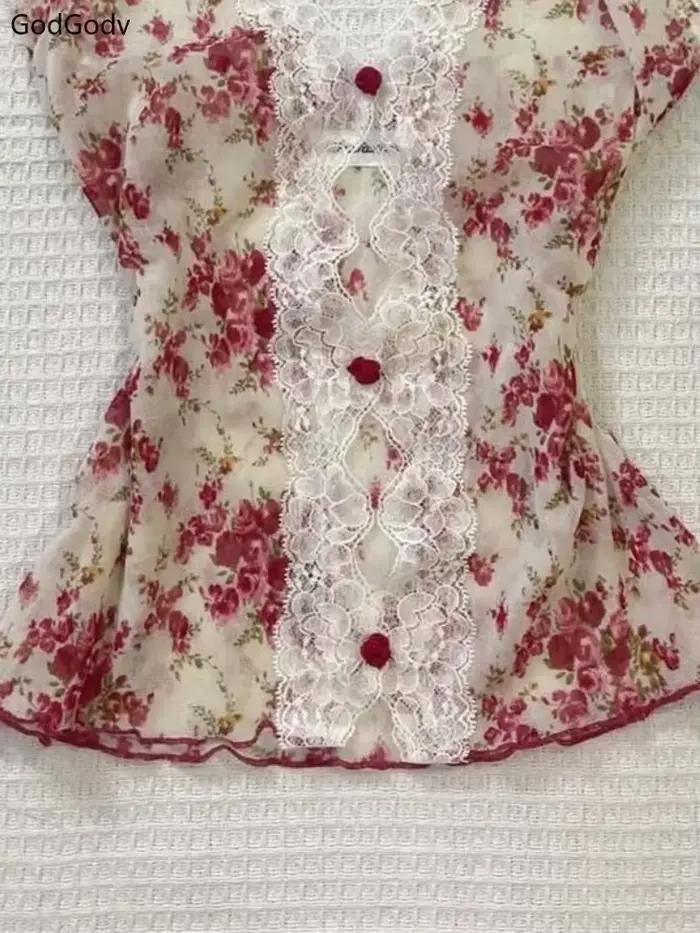 Blouse féerique printemps-été en dentelle florale pour femmes junior style Y2K occassions spéciales tenues élégantes