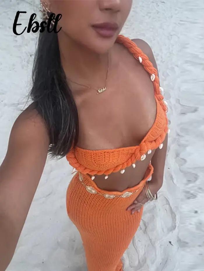 Ensemble sexy tricoté haut court et jupe longue fendue pour femme, débardeur sans manches dos nu, tenue de plage nouvelle collection 2026