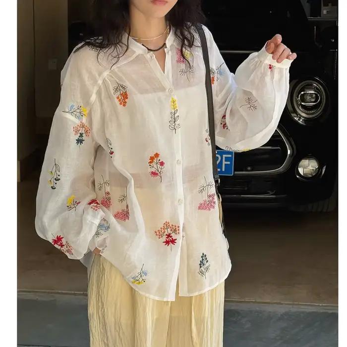 100% lin femmes été Sexy bohème Blouses col en v fleur broderie