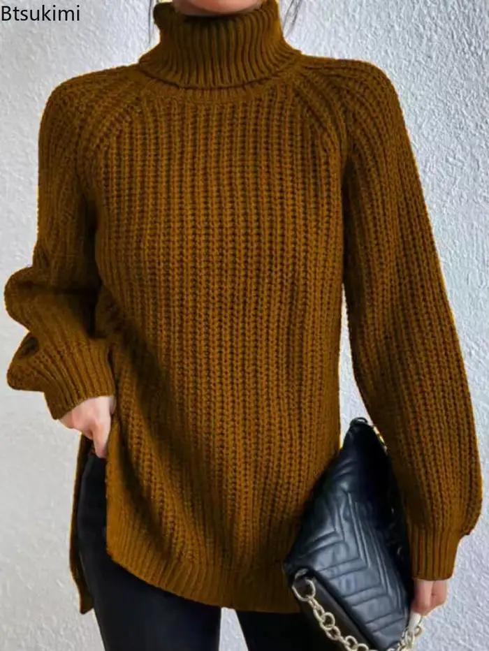 Nouveau Pull Col Roulé Raglan à Manches Longues et Ourlet Fendu Latéral pour Femme