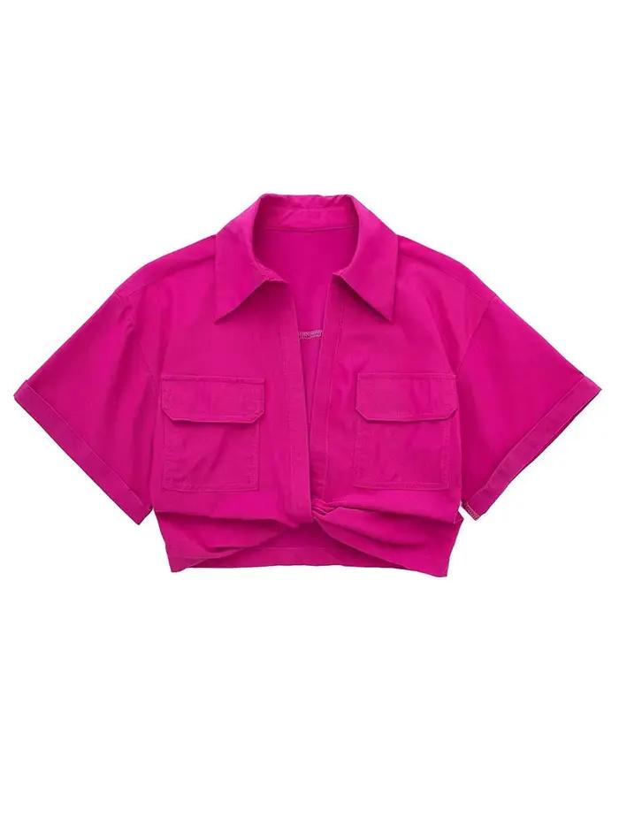 Chemisier à smocks court en lin noué pour femme