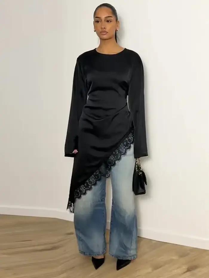 Chemisier en satin pour femme avec dentelle
