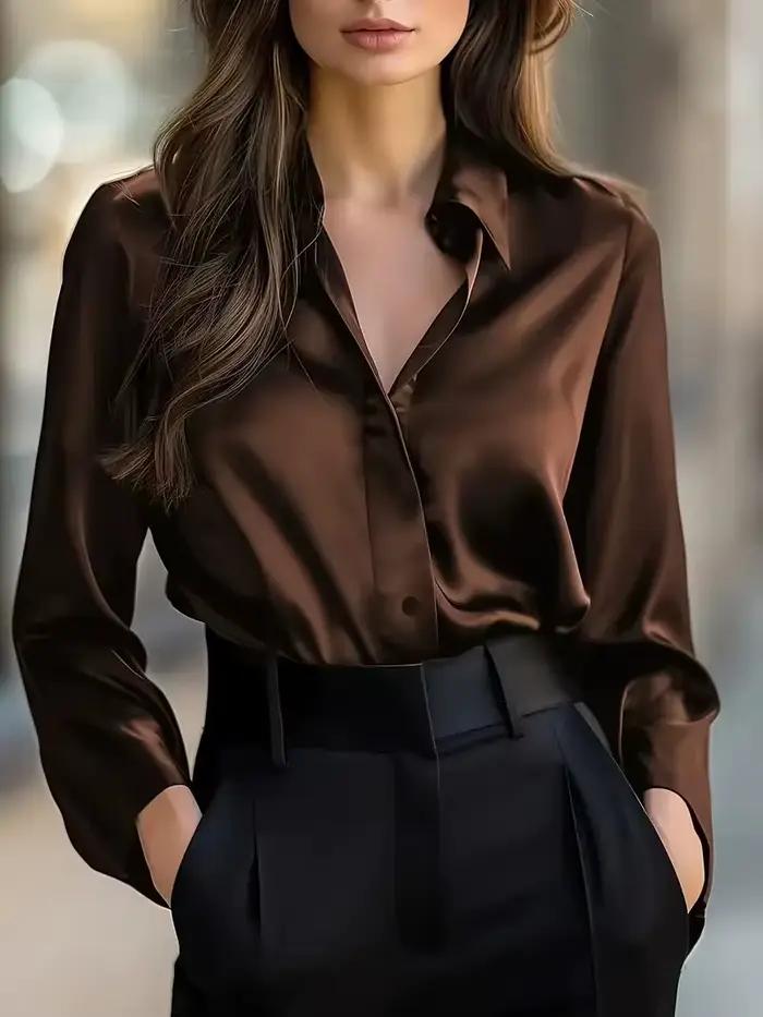 Chemisier en satin noir pour femme, chemise à manches longues et col boutonné, élégant pour usages décontractés et professionnels automnaux