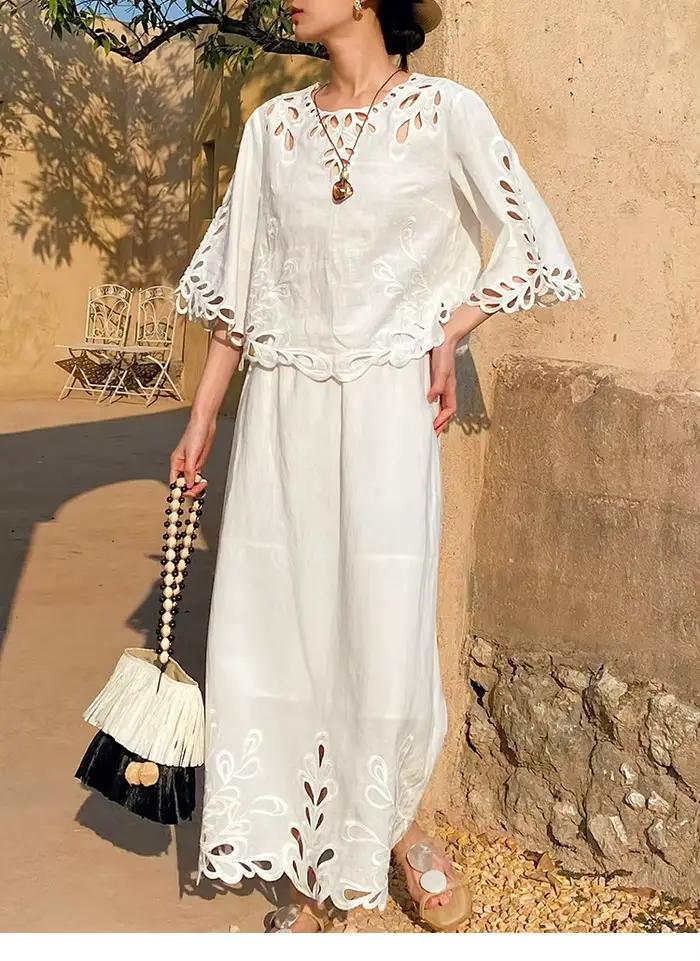 Nouvelle Blouse Bohème Broderie Style Français Femme Manches Évasées Blanche Ample Évidée Décontractée Été Sexy Vacances Hauts Féminins
