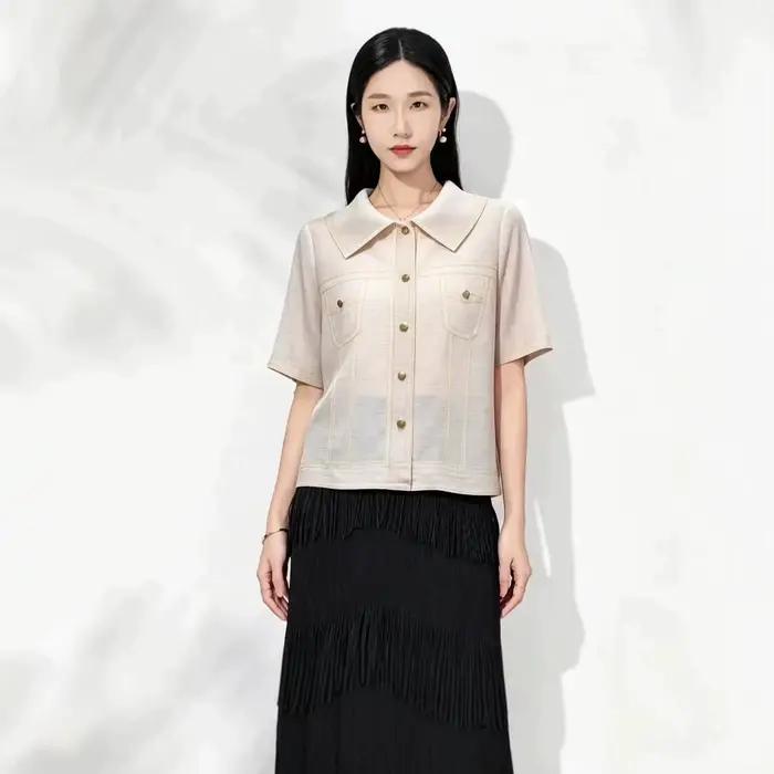 Chemise-veste en jean plissée Miyake à manches courtes pour femme – Nouvelle collection été