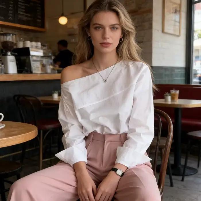 Chemisier asymétrique blanc pour femme avec col coréen, décontracté et élégant pour les occasions de bureau et sociales