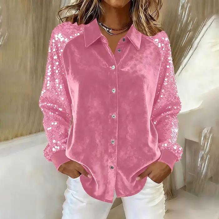 Chemisier élégant pour femmes automne hiver col rabattu bouton chemise femmes velours paillettes blouse mode décontractée pour occasions spéciales et cadeaux