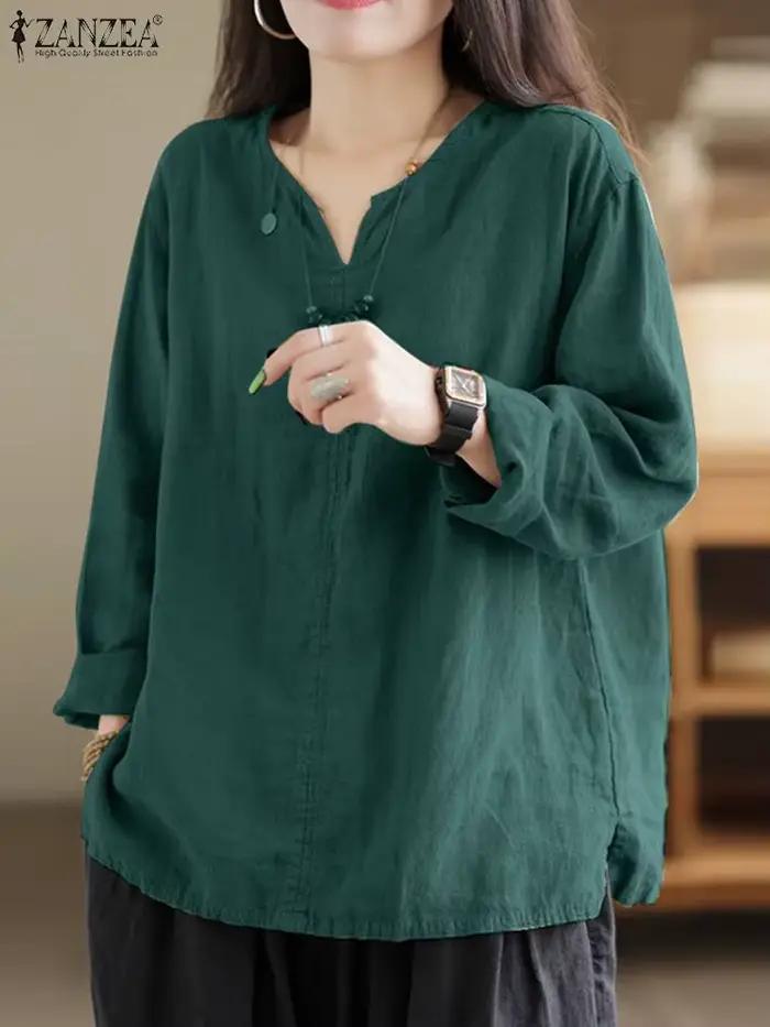 Blouse coton ZANZEA rétro solide col en V ample femme printemps été bureau décontractée multicolore occassions spéciales